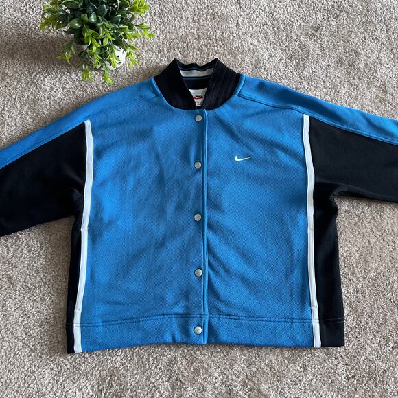 Nike Blue Snap Button Striped Varsity Vintage Bomber Jacket Size: Large 12-14 - Picture 2 of 15